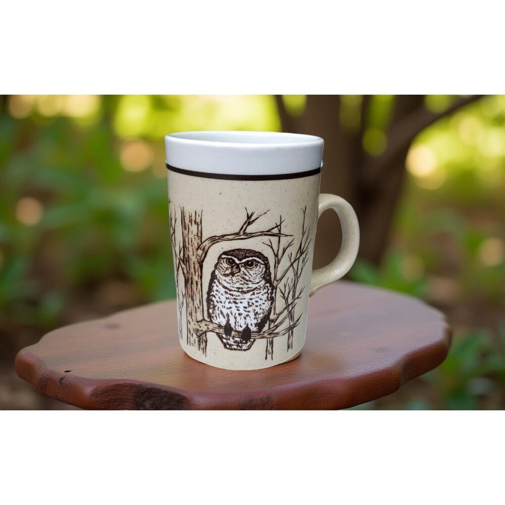 Vintage 70's Embossed Owl Mug 12 oz Stoneware in beige brown and white